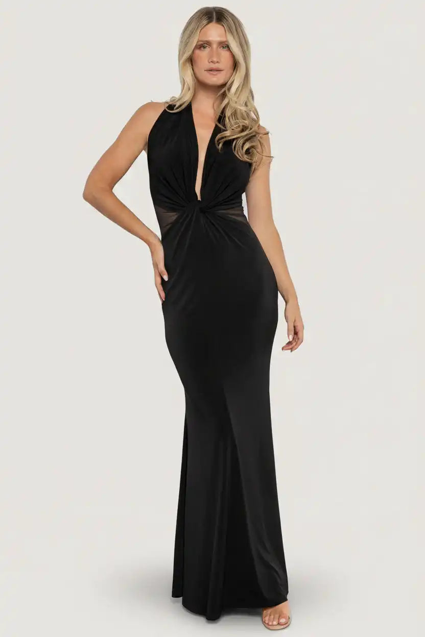 Roma Deep V Halter Gown