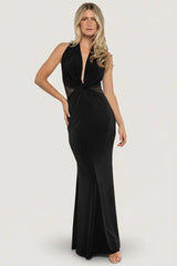Roma Deep V Halter Gown