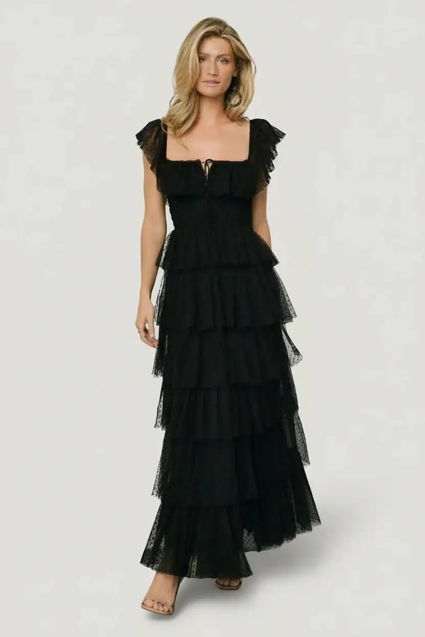 Valora Swiss Dot Tulle Maxi Dress