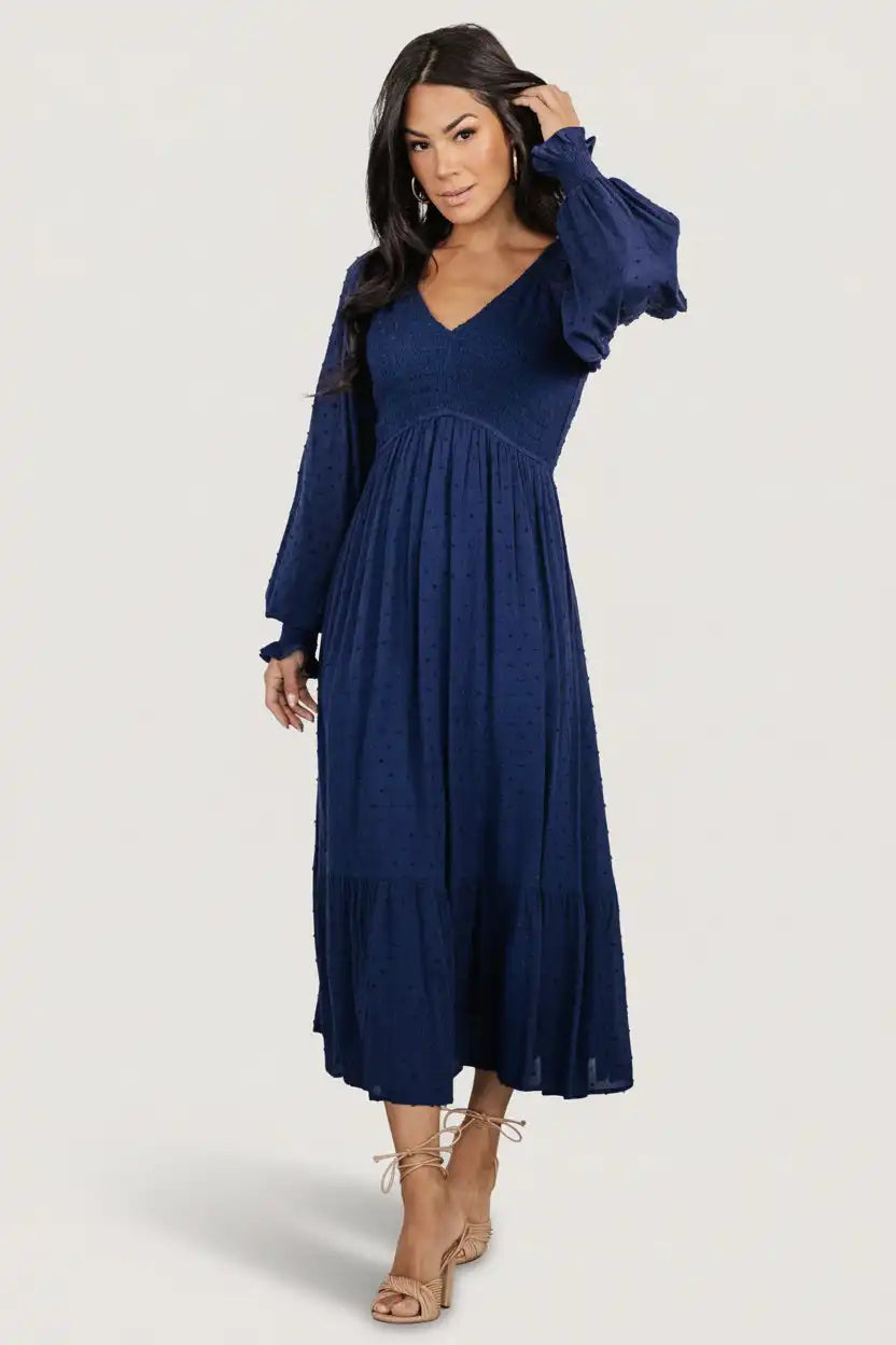 Lainey Smocked Dotted Midi Dress